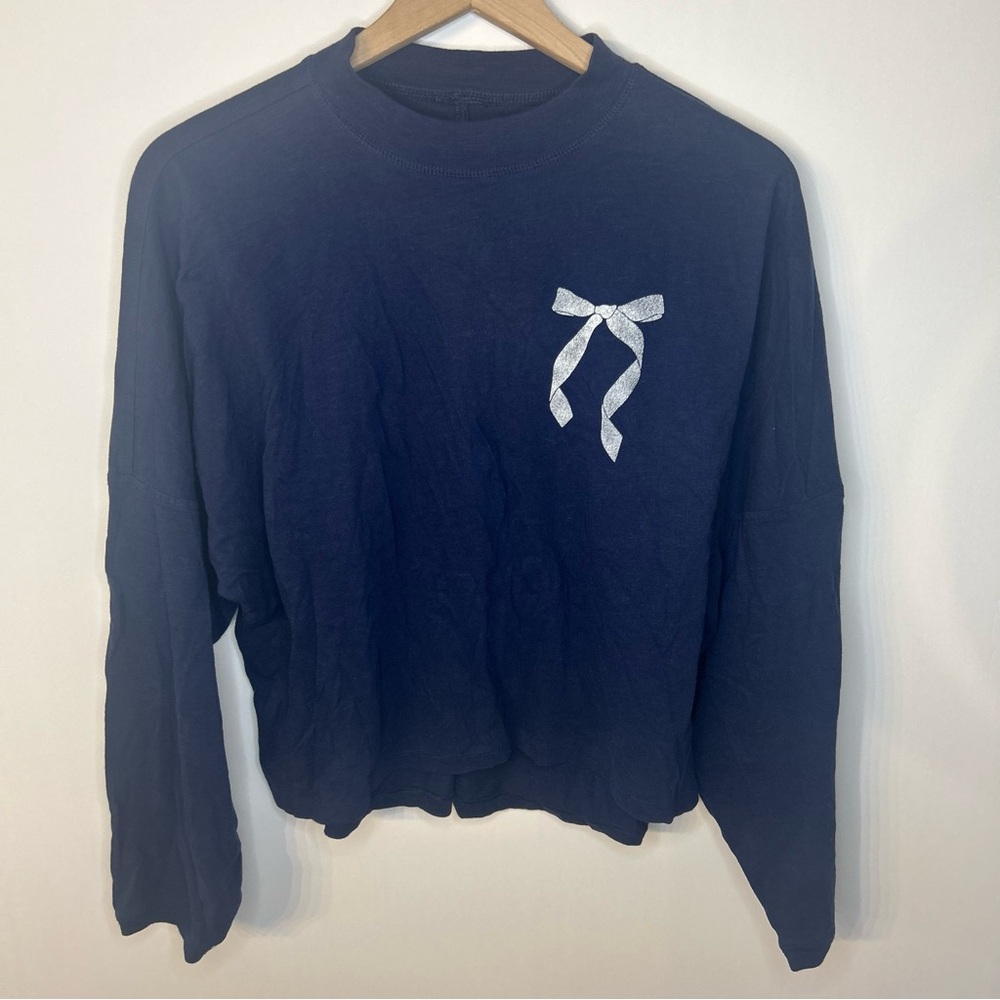 Aerie Women’s Navy Blue Cozy Long Sleeve Mockneck T-Shirt with Bow Print, Medium - Picture 7 of 12